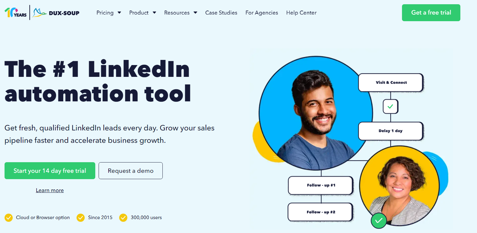 Dux-Soup campaign builder and Chrome extension interface showing drip campaign setup